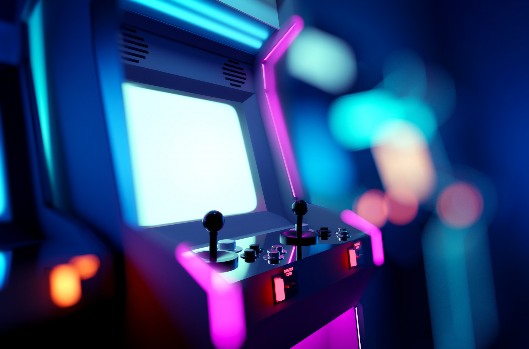 Retro neon glowing arcade machines in a games room. 3D render illustration.